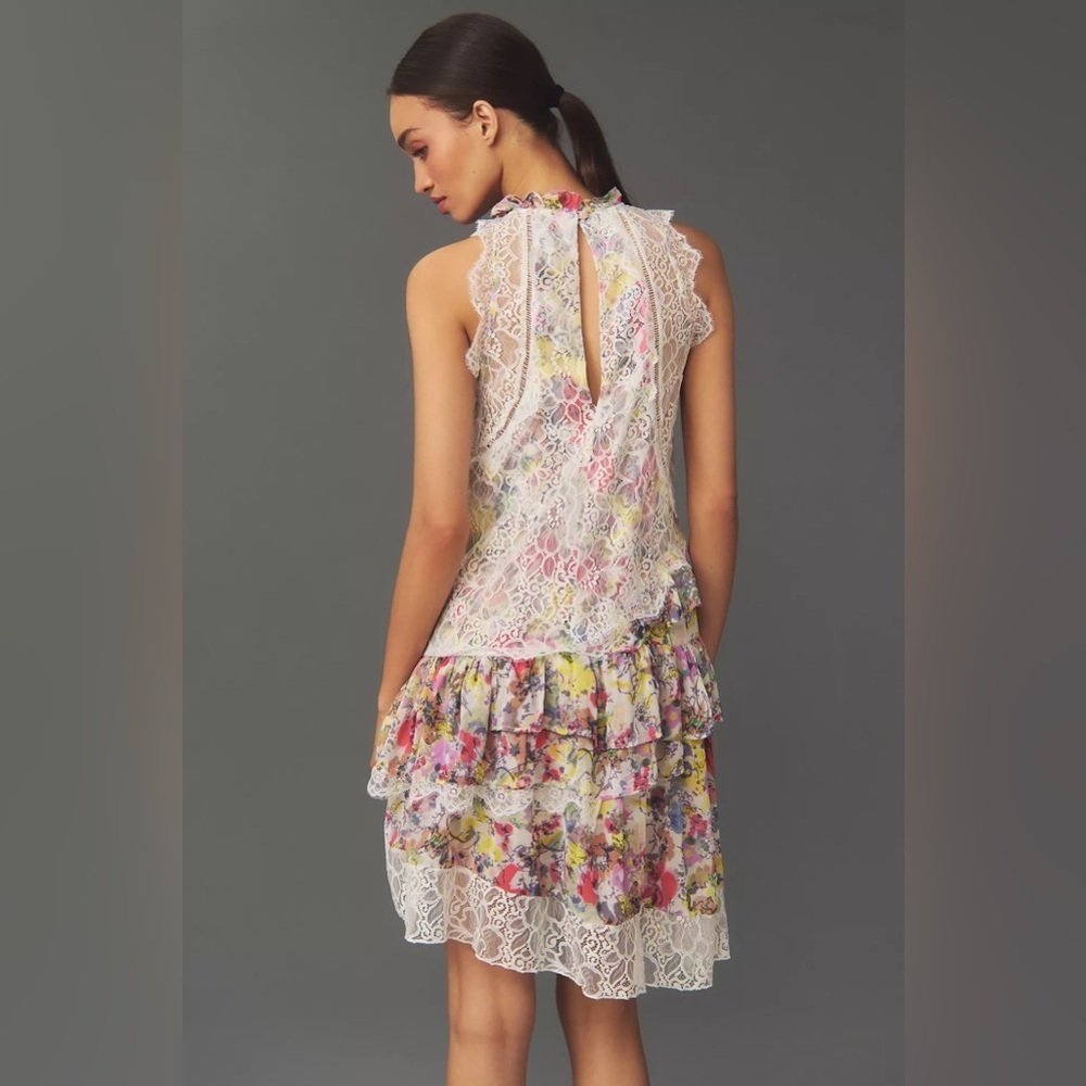 NWT By Anthropologie Sleeveless Lace-Back Tiered Mini Dress - Picture 4 of 4